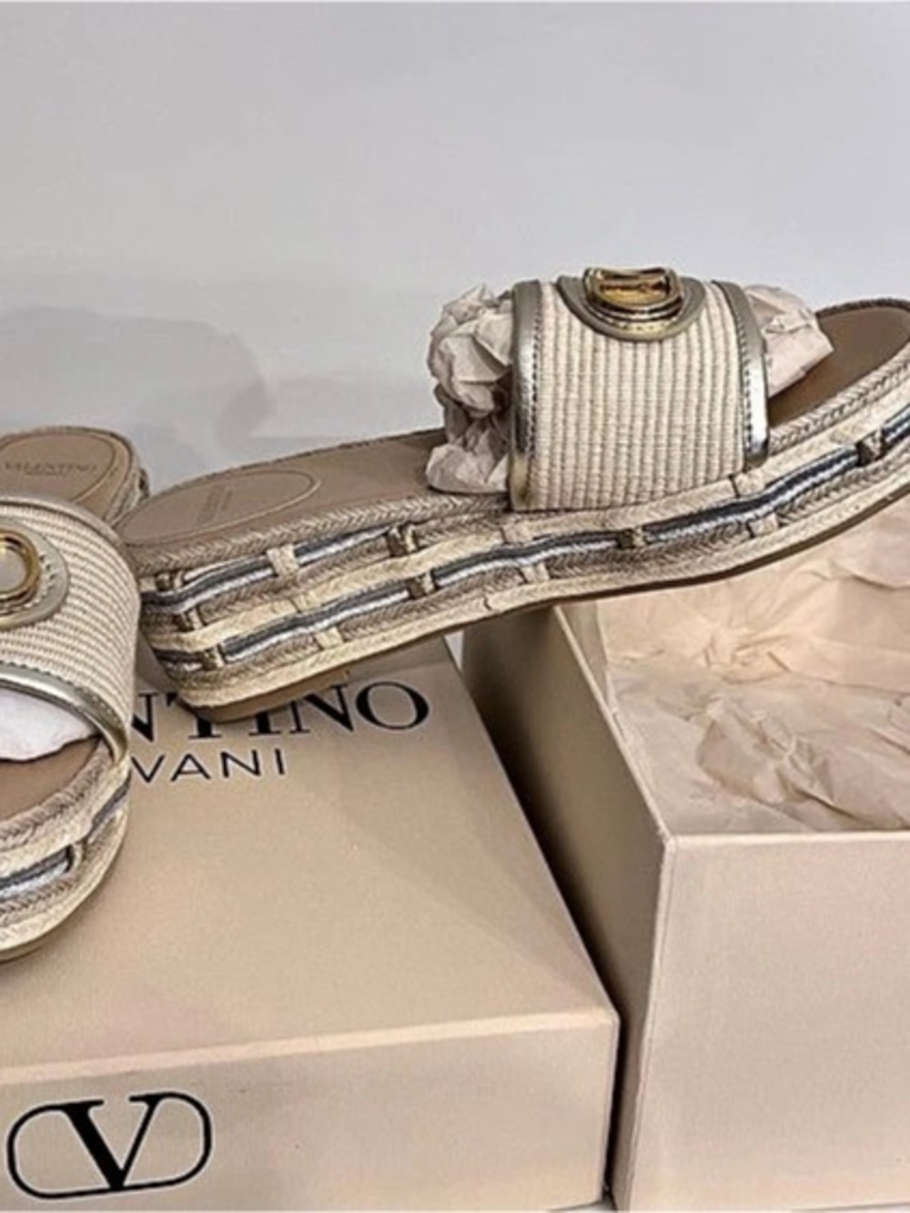 Valentino Garavani Slide Espadrillas Sandals Beige White Size EU 38